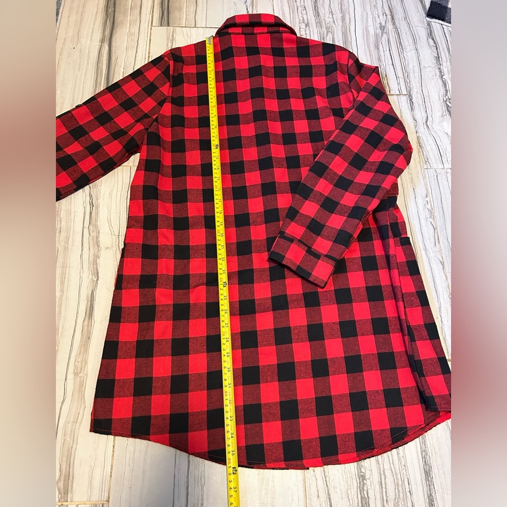 Red and Black Plaid Button-Up Boyfriend Flannel Tunic Length - Picture 13 of 16